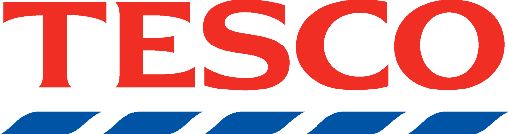 The Tesco logo featuring blue and red stripes boasts a visually stunning display.